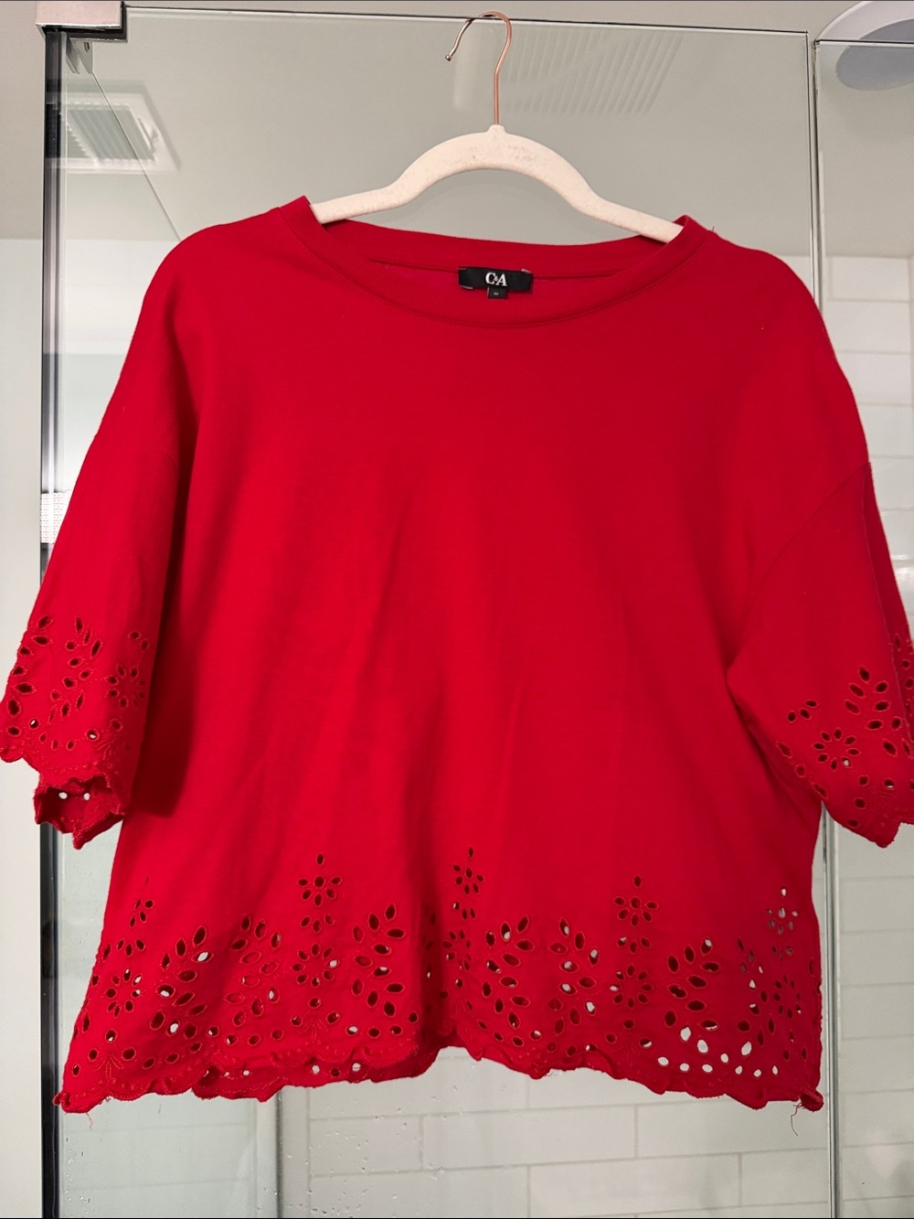 C and A Red Eyelet Hem Short Sleeve Top